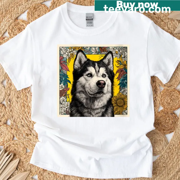 T-shirt featuring a graphic of an Alaskan Malamute dog
