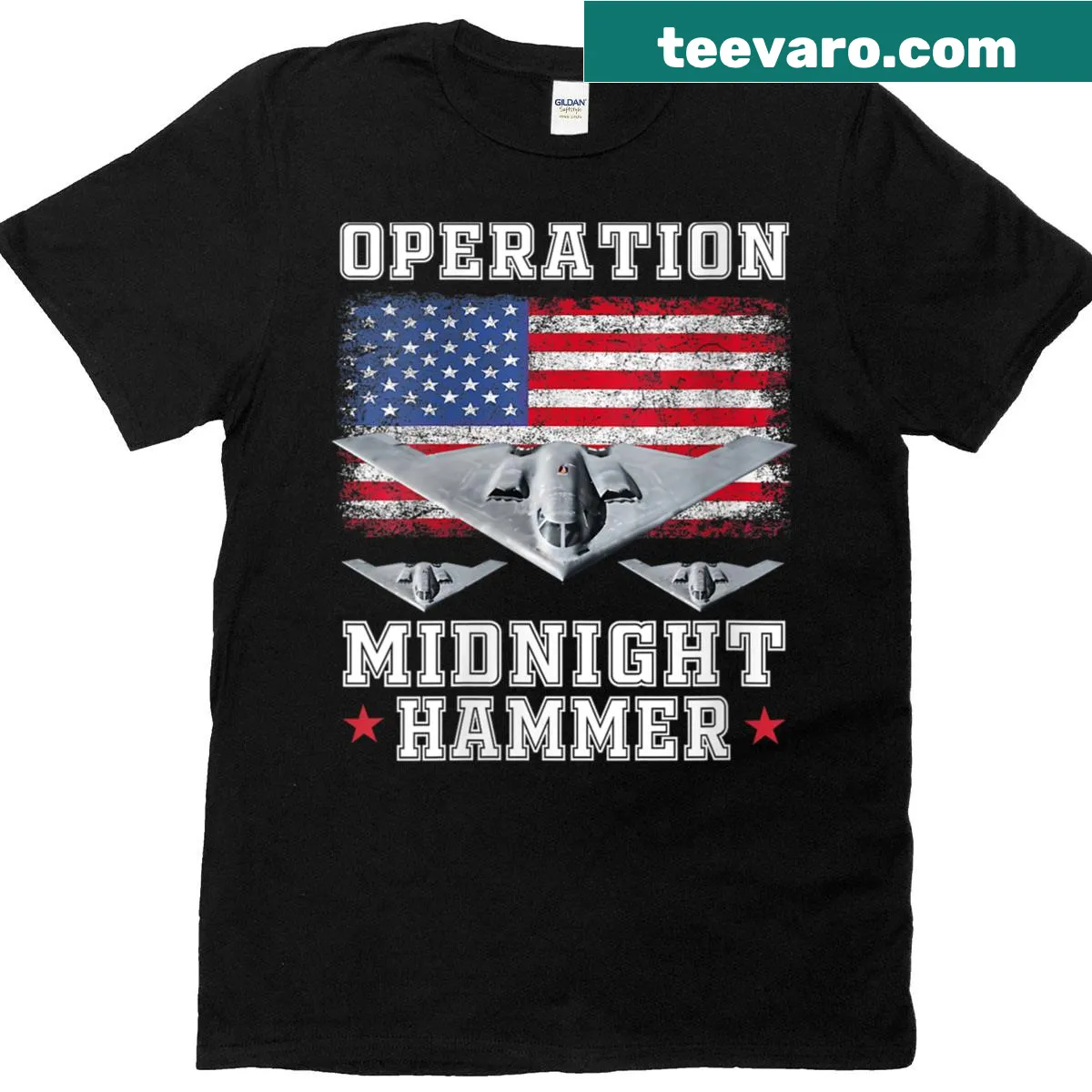 Illustrative t-shirt featuring B-2 Stealth Jet and Operation Midnight Hammer — on a men's t-shirt