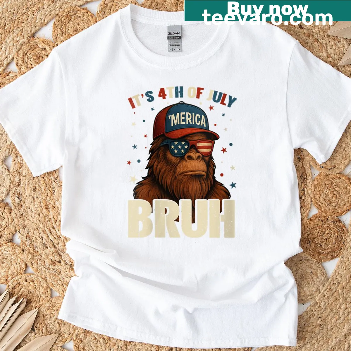 Patriotic Bigfoot illustration on a Fourth of July T-shirt — on a men's t-shirt