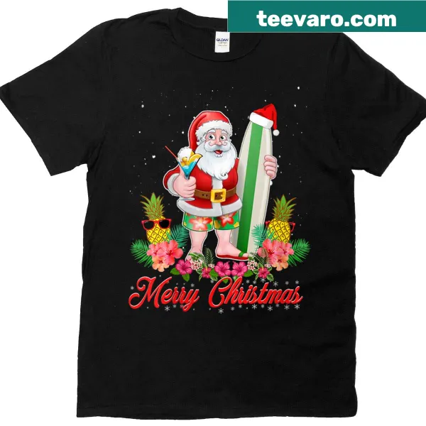 Cartoon Santa surfing in Hawaiian setting for Christmas in July