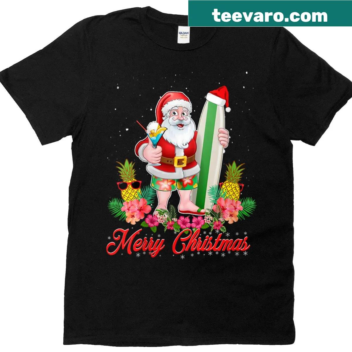 Cartoon Santa surfing in Hawaiian setting for Christmas in July — on a men's t-shirt