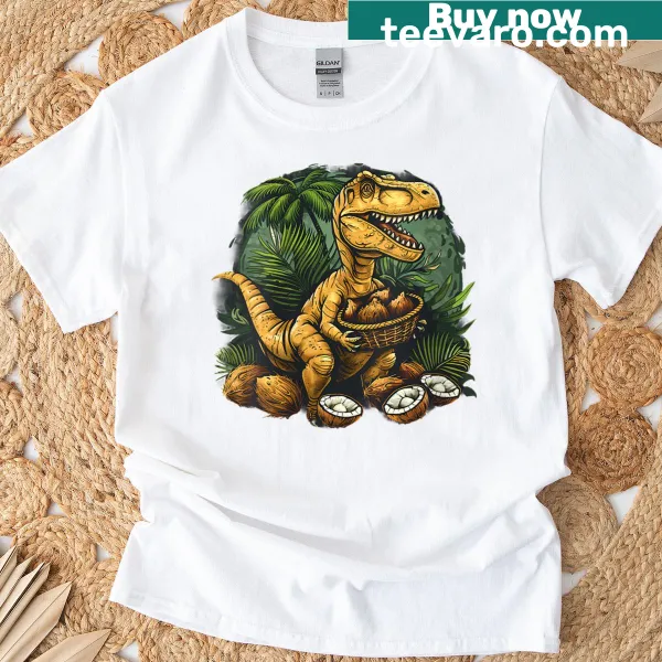 Coconut T-rex illustration T-shirt with playful design