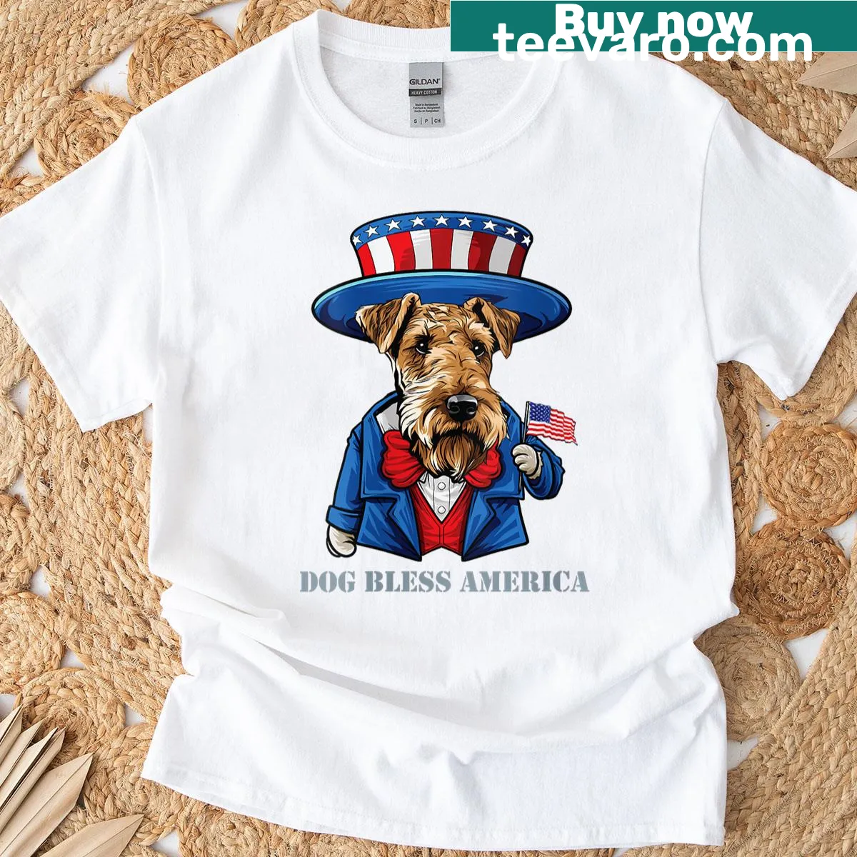 Funny Airedale Terrier T-shirt for Fourth of July celebration — on a men's t-shirt