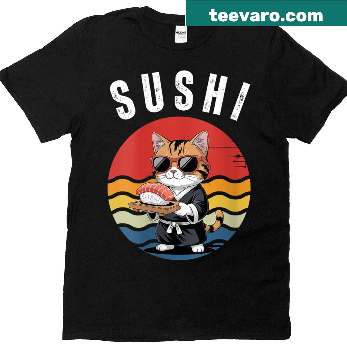 Cartoon cat sushi chef design with cute anime style — on a men's t-shirt