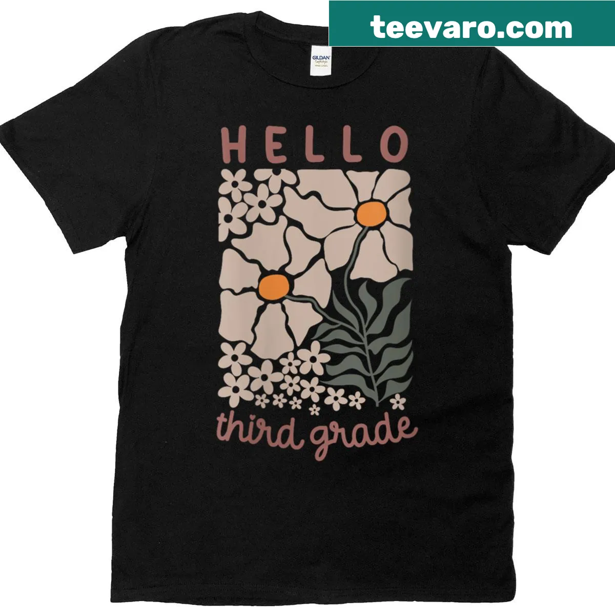 Retro Daisy Teacher T-shirt saying 'Hello Third Grade' — on a men's t-shirt