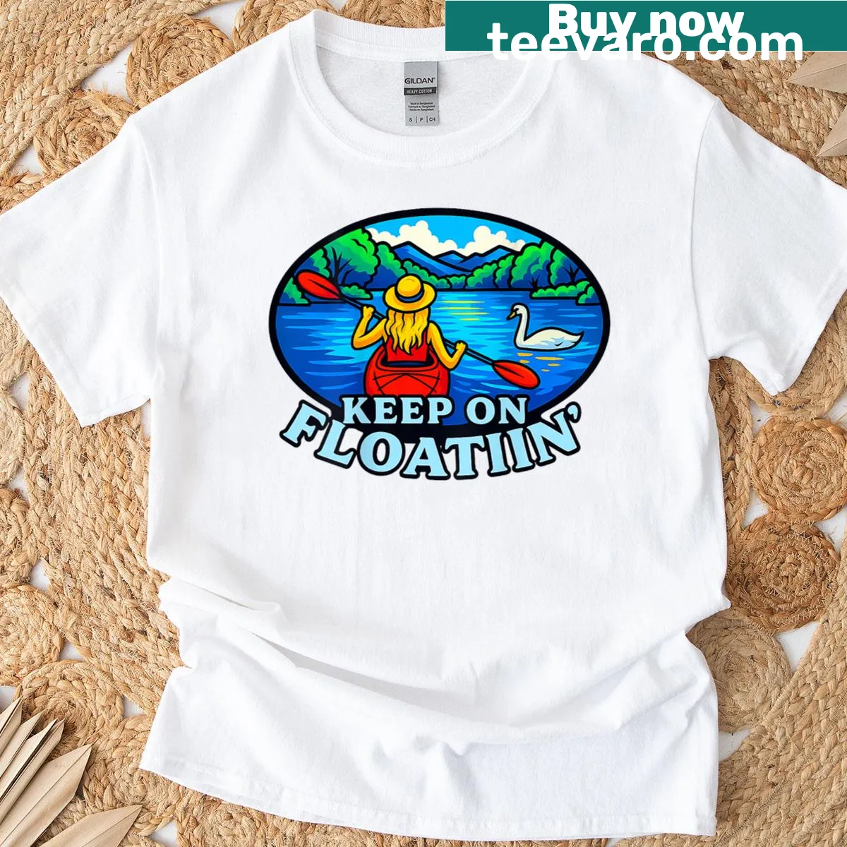 Nature-inspired kayak t-shirt for women with a motivational message — on a men's t-shirt