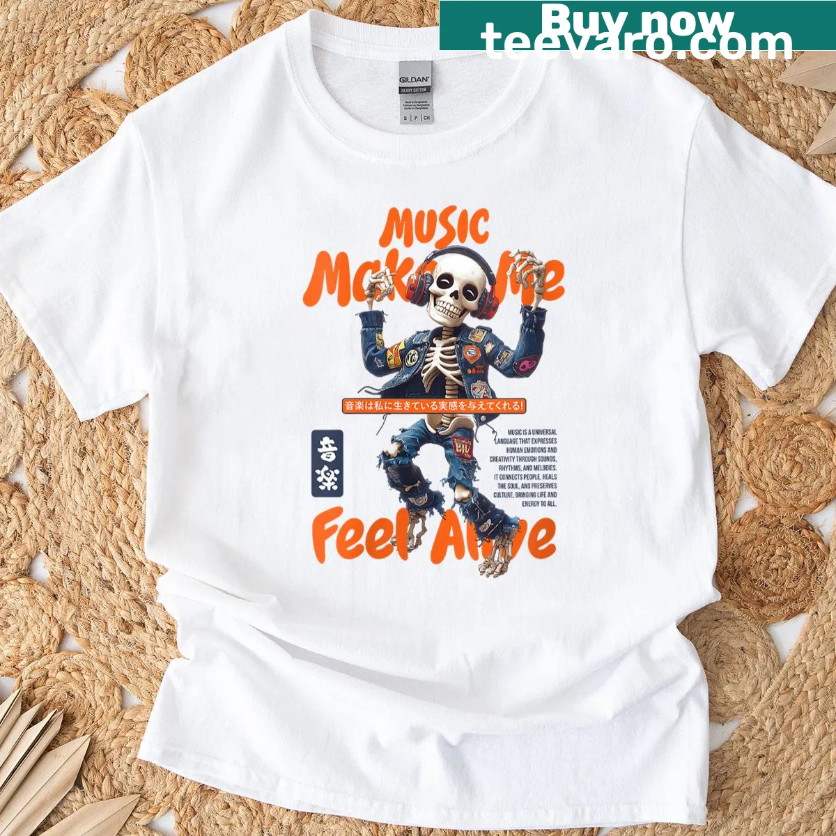 Skeleton DJ T-shirt with music-themed illustration — on a men's t-shirt