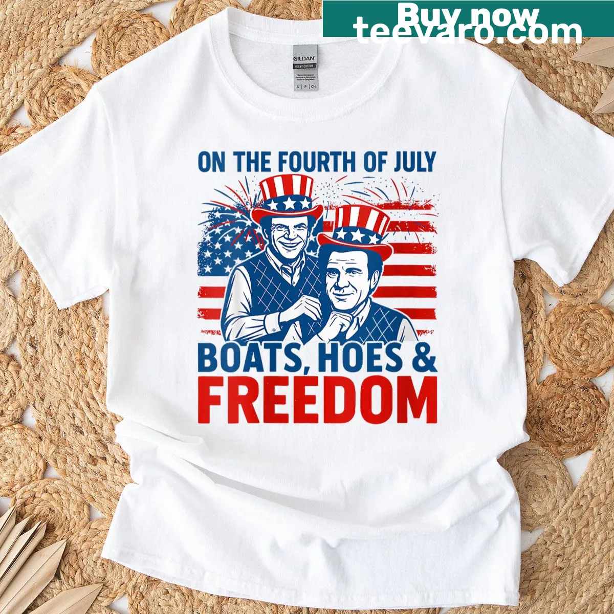 Funny Fourth of July T-shirt with boats and humorous text — on a men's t-shirt