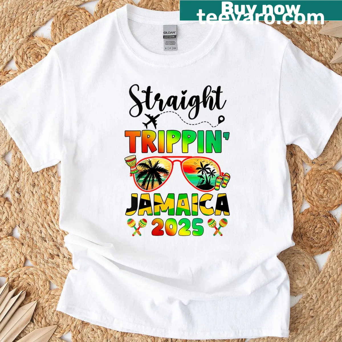 Matching family vacation T-shirt with 'Straight Tripping Jamaica' text — on a men's t-shirt