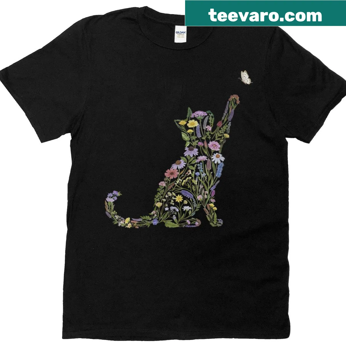 Cottagecore aesthetic t-shirt with cat, wildflowers, and butterflies — on a men's t-shirt