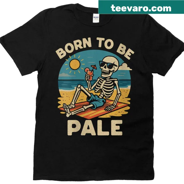 Funny Halloween t-shirt with 'Born To Be Pale' skeleton graphic