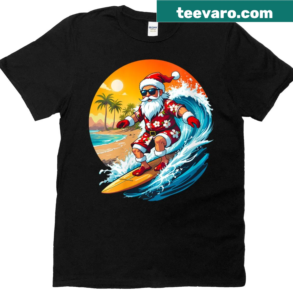 Tropical Christmas T-shirt featuring Santa surfing on a beach — on a men's t-shirt