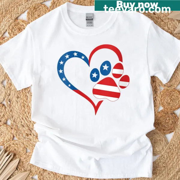 Patriotic T-shirt with heart and dog paw print for July 4th