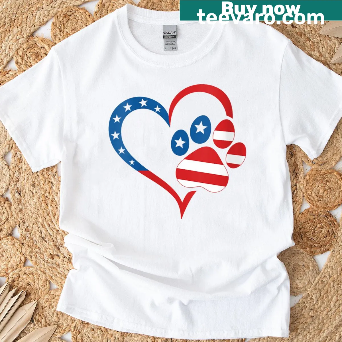 Patriotic T-shirt with heart and dog paw print for July 4th — on a men's t-shirt