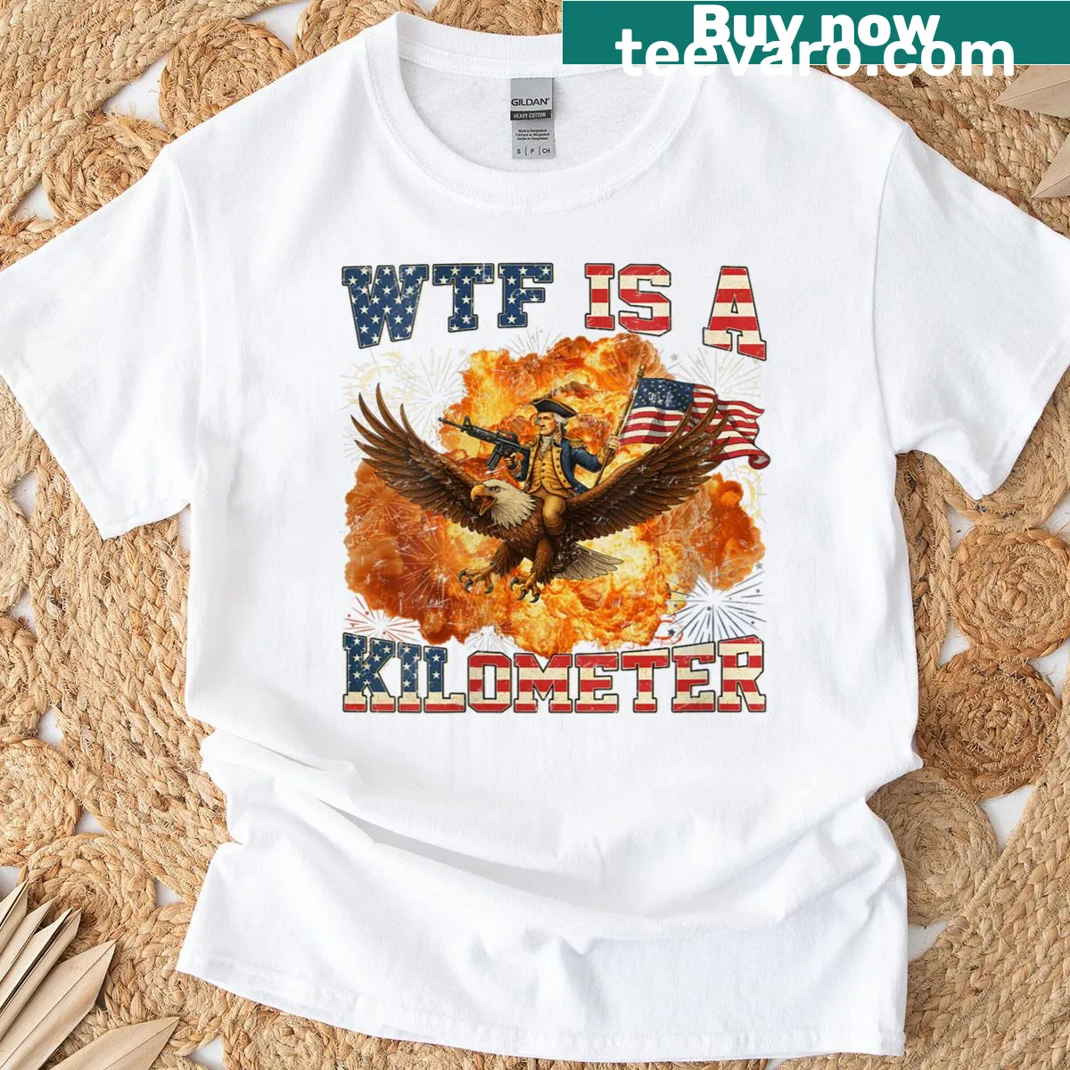 Funny T-shirt questioning kilometers for Fourth of July — on a men's t-shirt