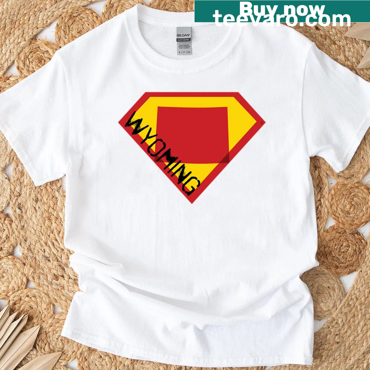 Patriotic Wyoming shield design emphasizing freedom and state identity. — on a men's t-shirt