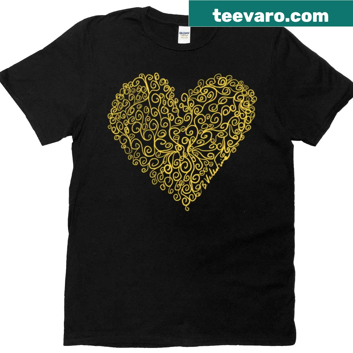 T-shirt with hand-drawn ornate coiled heart graphic — on a men's t-shirt