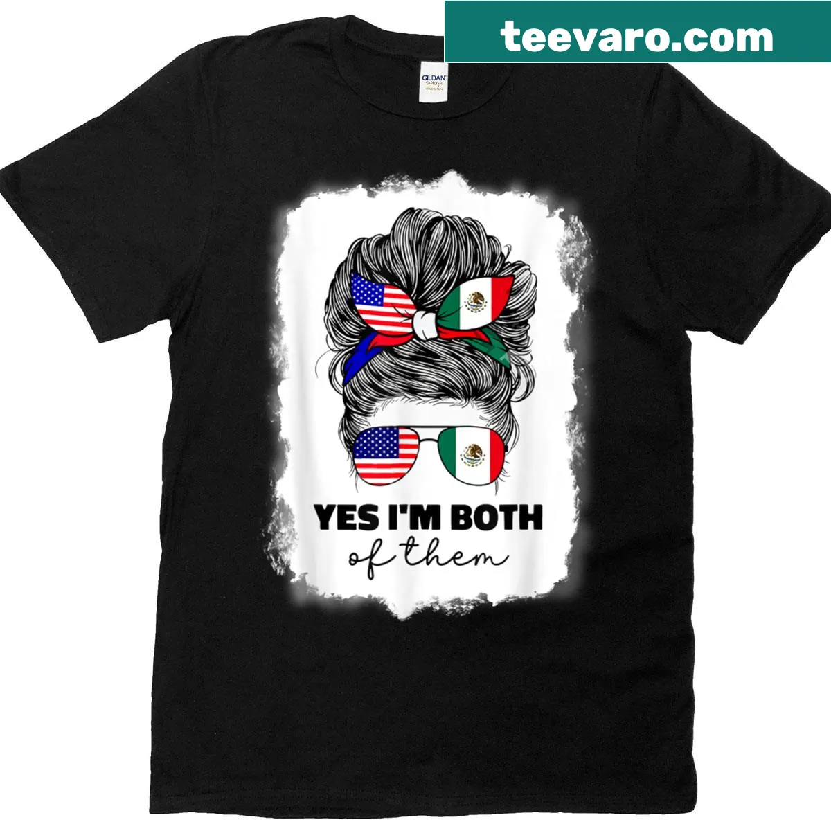 Messy bun t-shirt with American and Mexican flag design and proud text — on a men's t-shirt