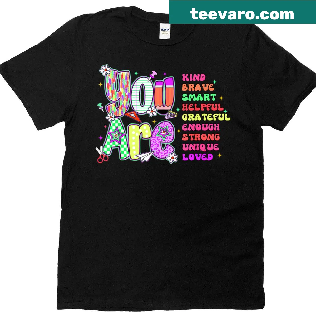 Inspirational T-shirt with 'You Are Kind Smart Brave Strong Loved' text — on a men's t-shirt