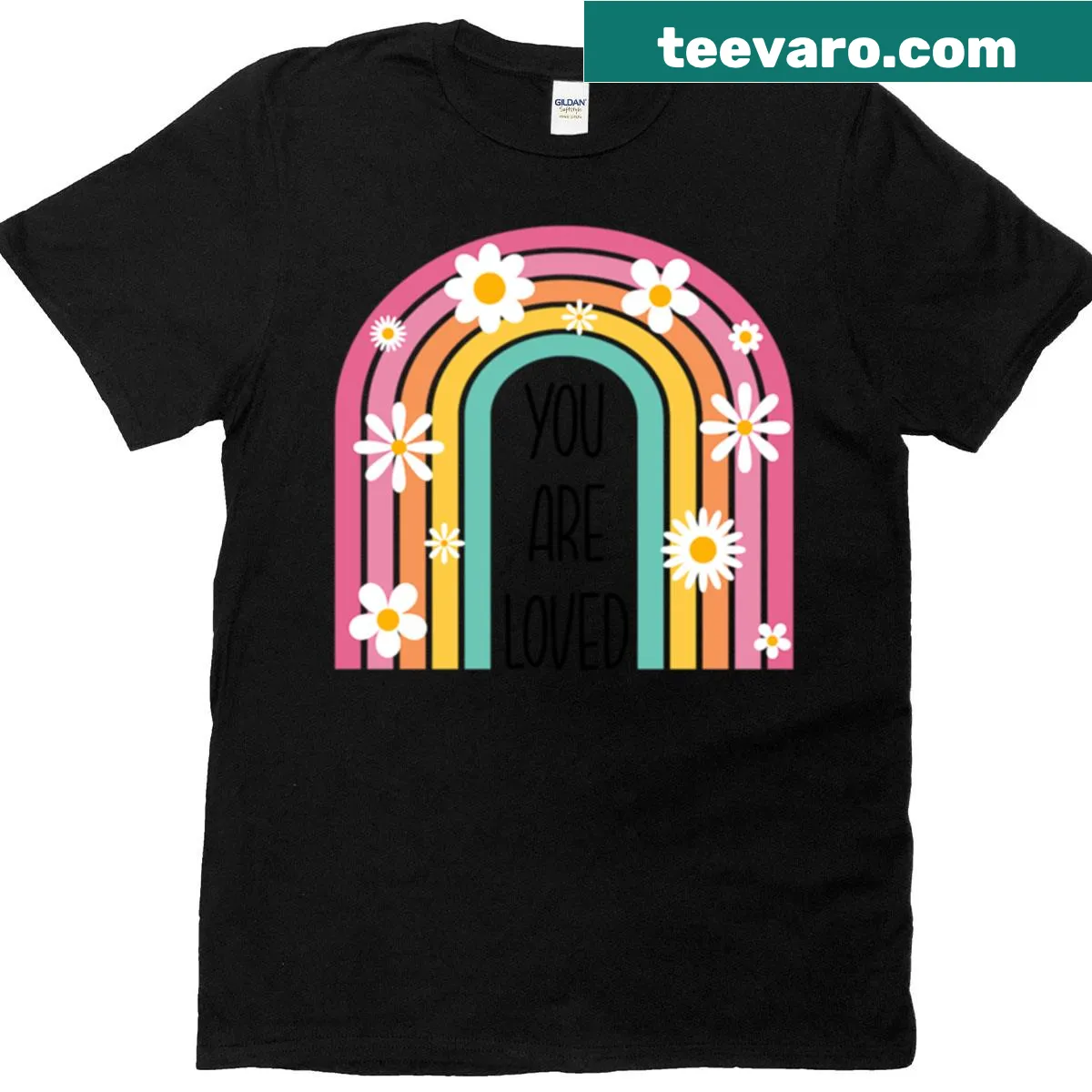 Cheerful t-shirt with 'You Are Loved' and daisy rainbow graphics — on a men's t-shirt