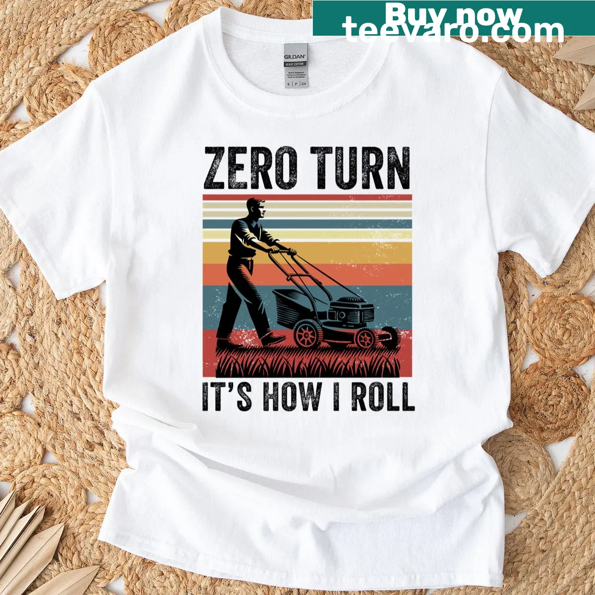 Lawn mower graphic with humor on T-shirt — on a men's t-shirt