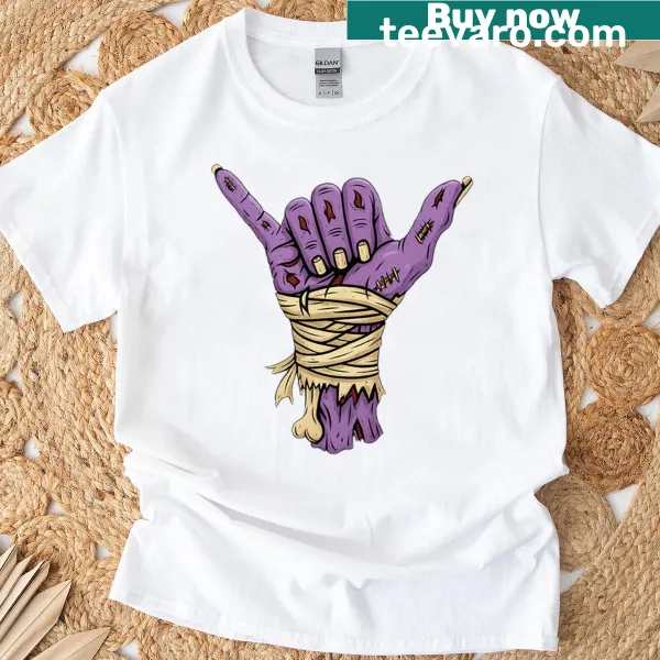 Grunge Zombie Shaka hand symbol design on a T-shirt
