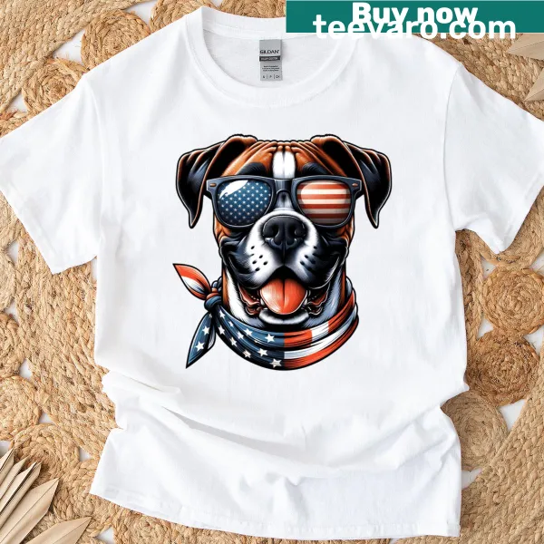 Patriotic T-shirt with boxer dog in sunglasses and American flag