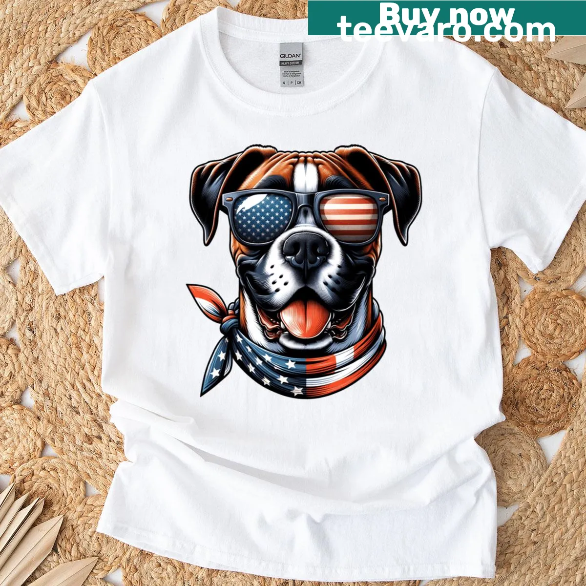 Patriotic T-shirt with boxer dog in sunglasses and American flag — on a men's t-shirt