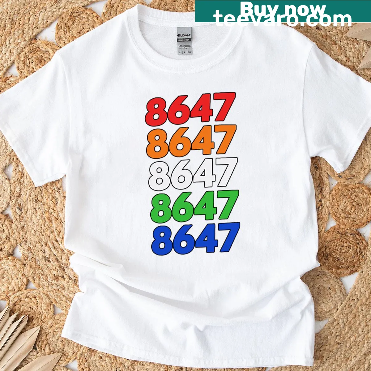 Pop art style T-shirt featuring the numbers 8647 — on a men's t-shirt