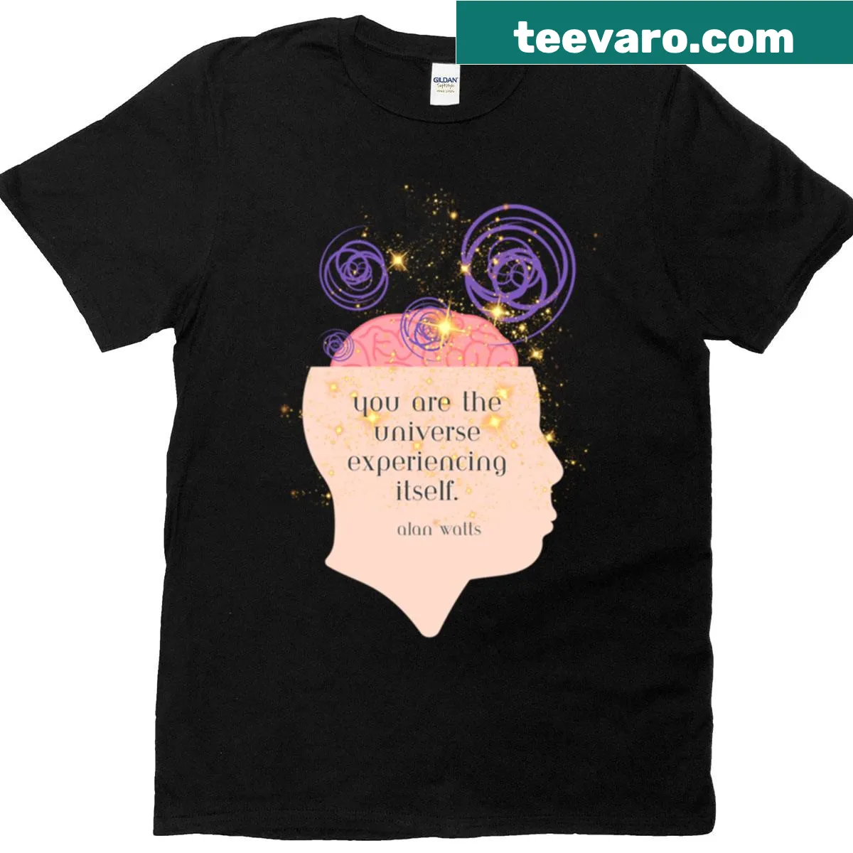 T-shirt featuring an artistic representation of the universe inspired by Alan Watts. — on a men's t-shirt