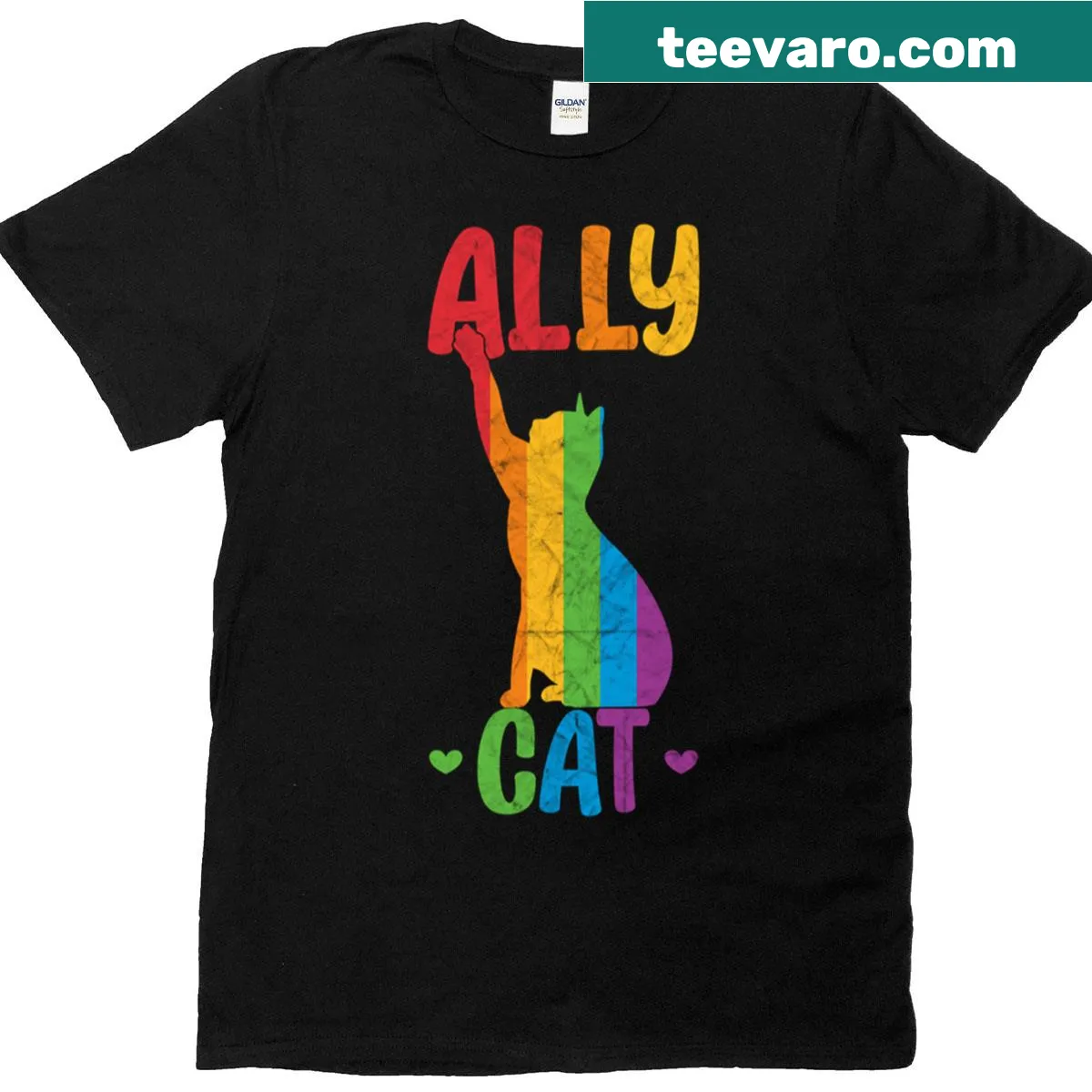 Illustration of a cat on a rainbow pride flag — on a men's t-shirt