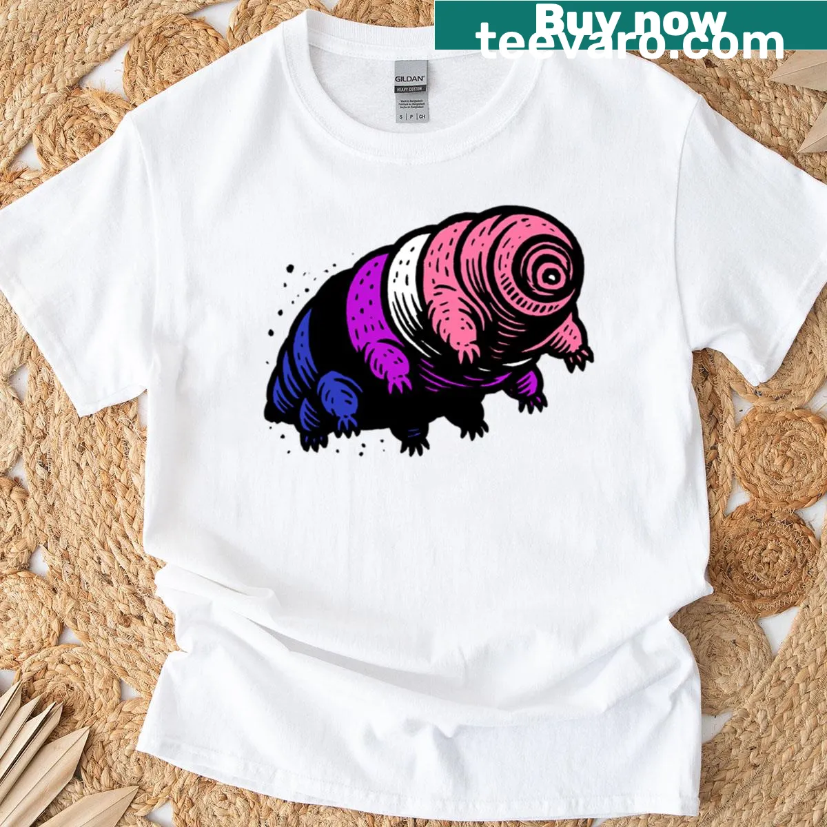 Asexual pride flag combined with a tardigrade illustration on a T-shirt — on a men's t-shirt