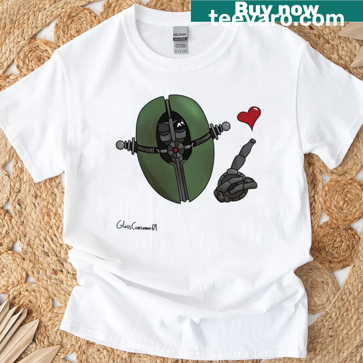 Illustration of Assultron robot from Fallout 4 on a T-shirt — on a men's t-shirt