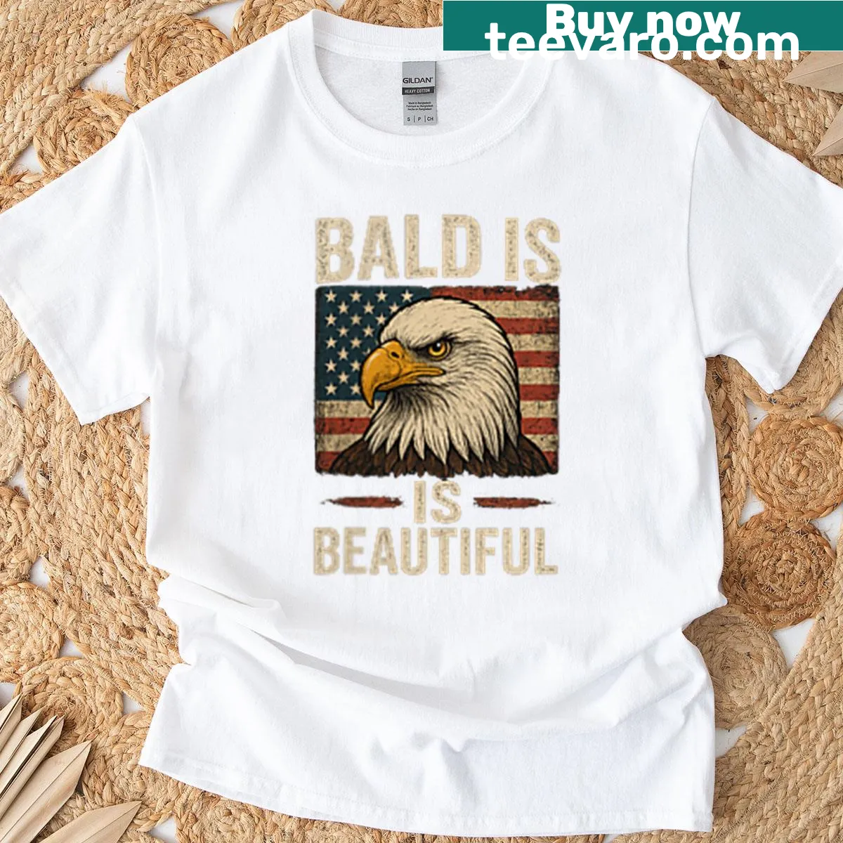 Funny patriotic t-shirt with bald eagle and 'Bald Is Beautiful' text — on a men's t-shirt