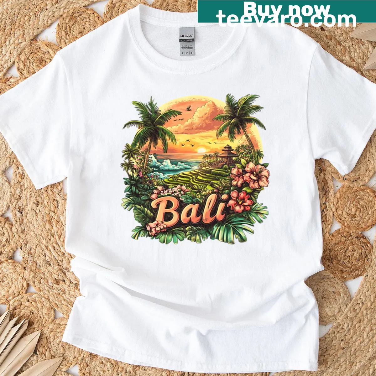 Illustrated design of Bali's rice terraces on a t-shirt — on a men's t-shirt