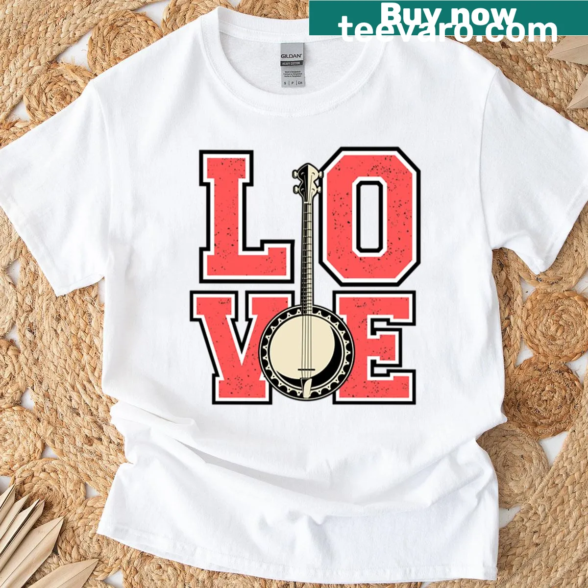 Illustration of a banjo with heart elements on a t-shirt — on a men's t-shirt