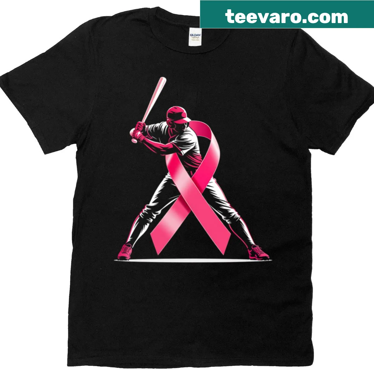 Baseball-themed t-shirt with pink ribbon for awareness — on a men's t-shirt