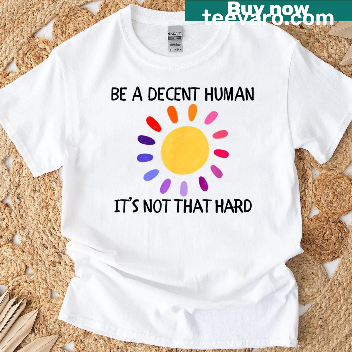 T-shirt featuring the phrase Be A Decent Human, It's Not That Hard with a rainbow heart design — on a men's t-shirt