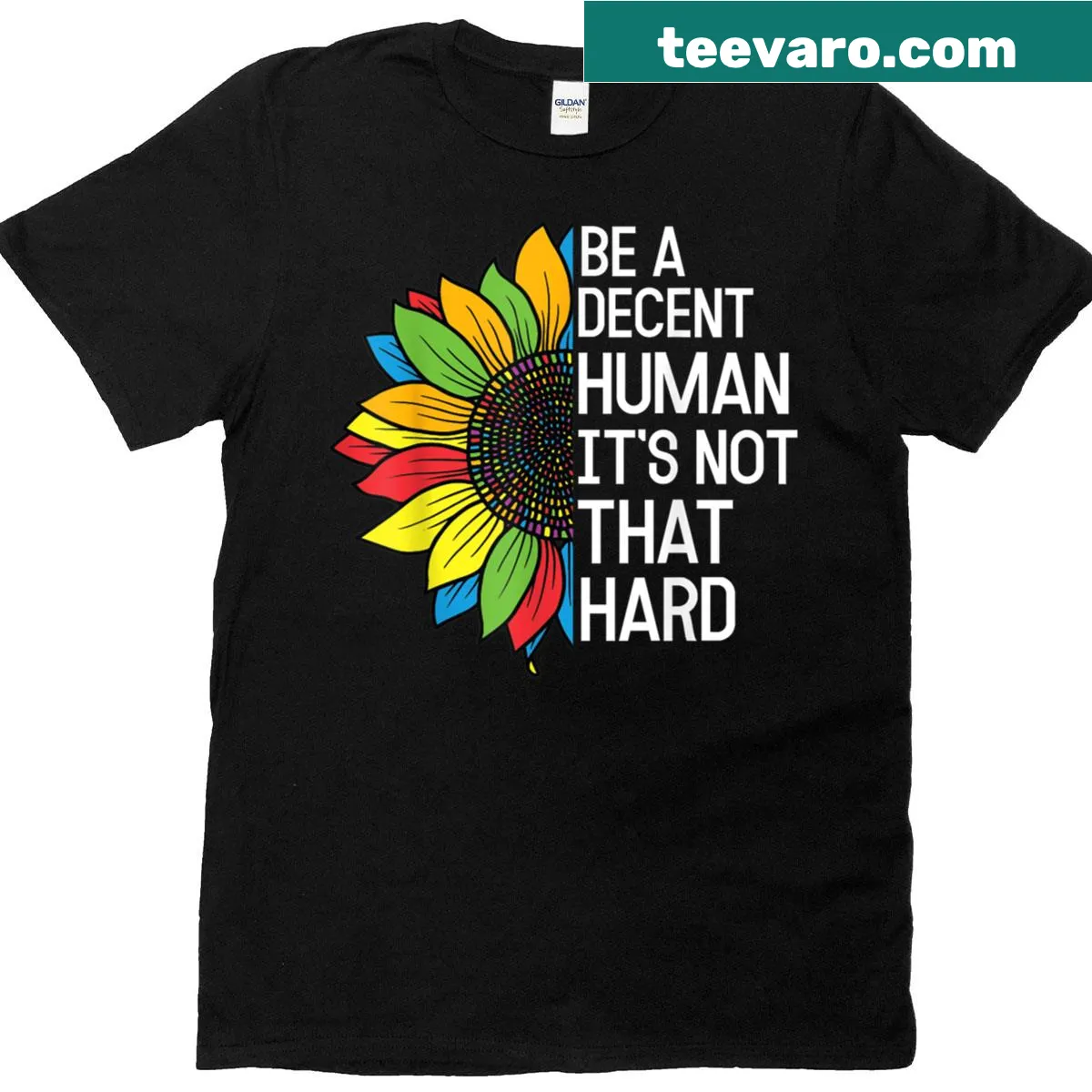 Sunflower and rainbow t-shirt promoting kindness — on a men's t-shirt