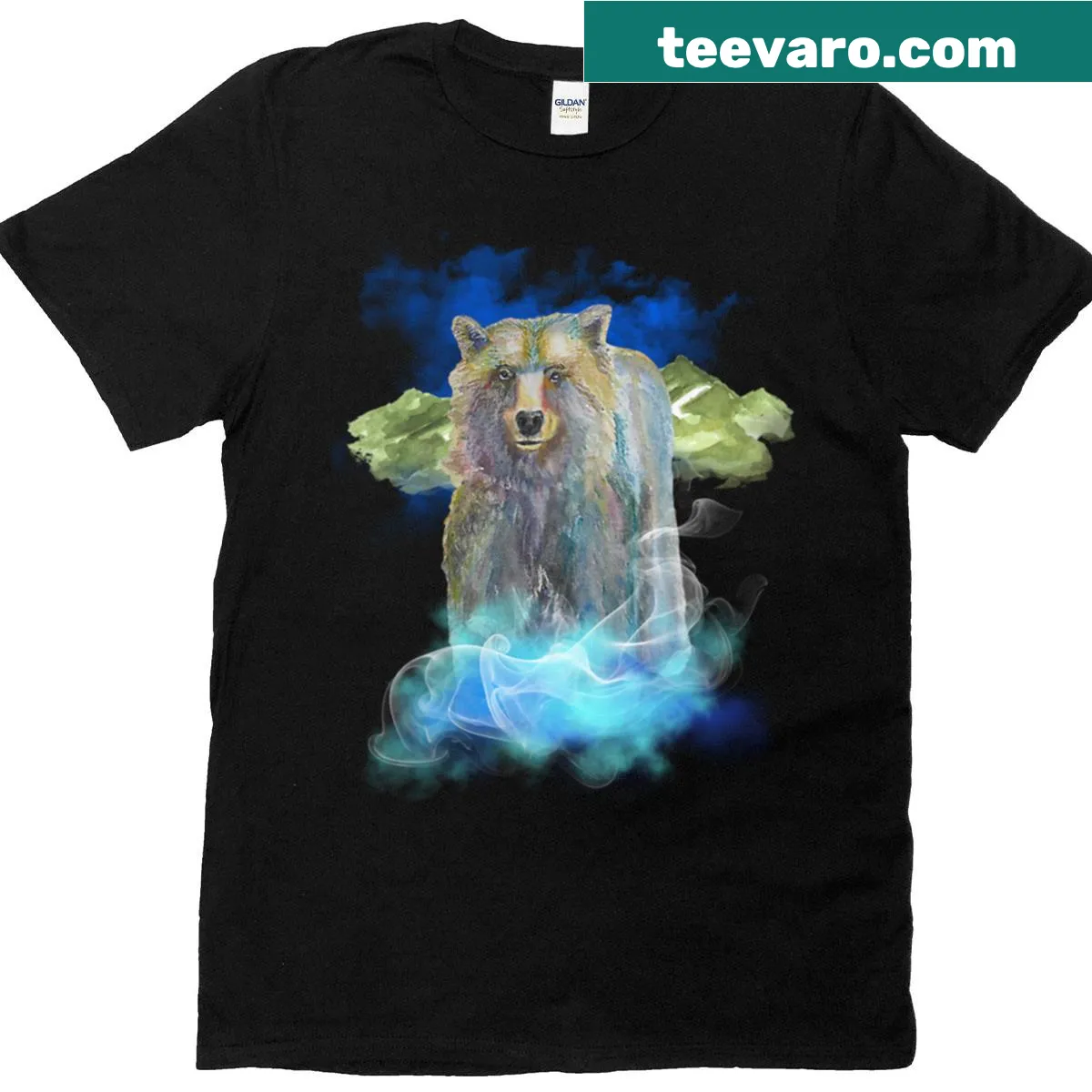 Grizzly bear t-shirt featuring a mountain landscape — on a men's t-shirt