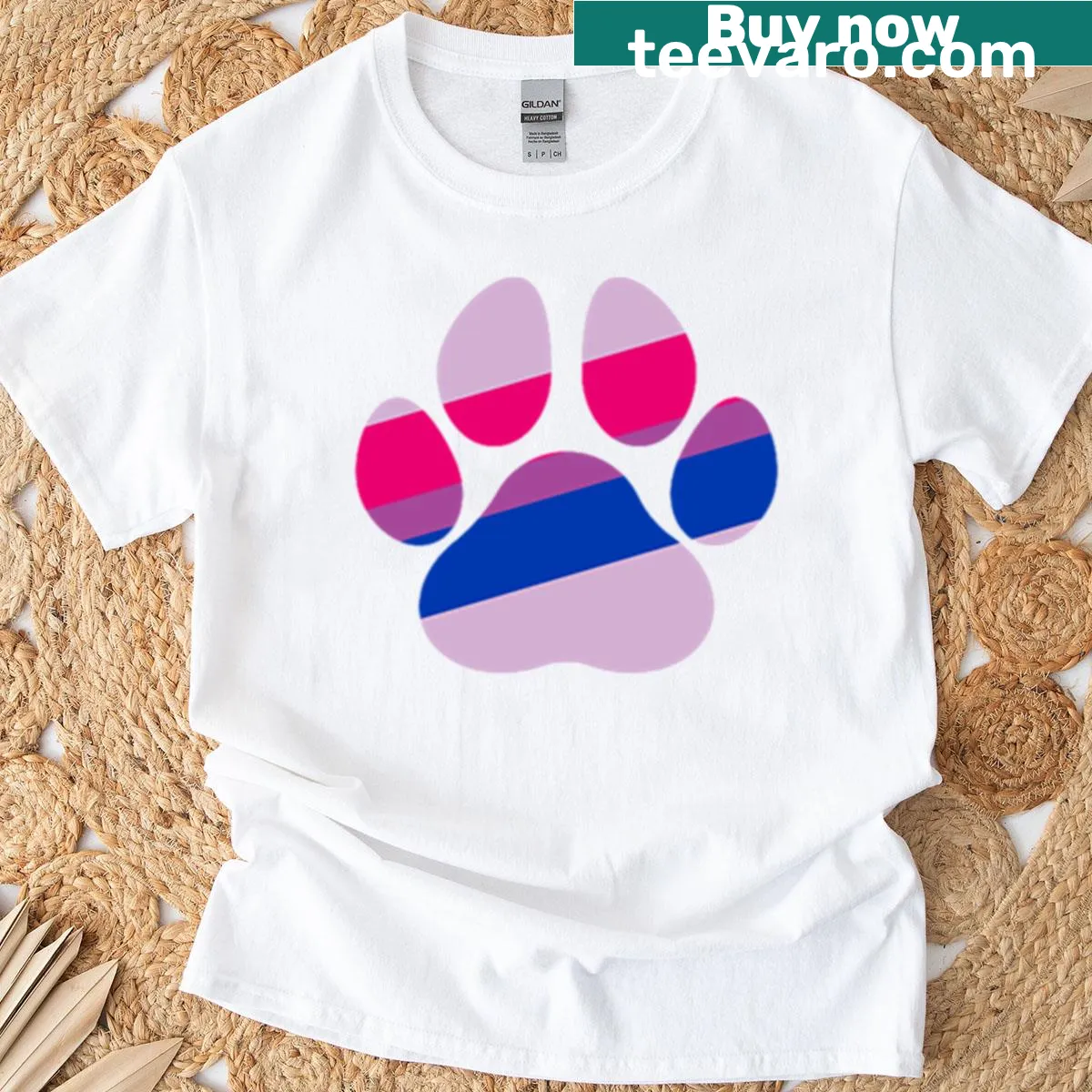 Bi Pride t-shirt with paw print design in bisexual colors — on a men's t-shirt