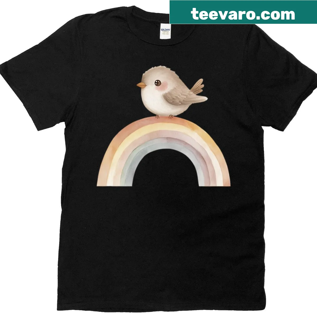 Kids T-shirt featuring a cartoon bird on a colorful rainbow — on a men's t-shirt