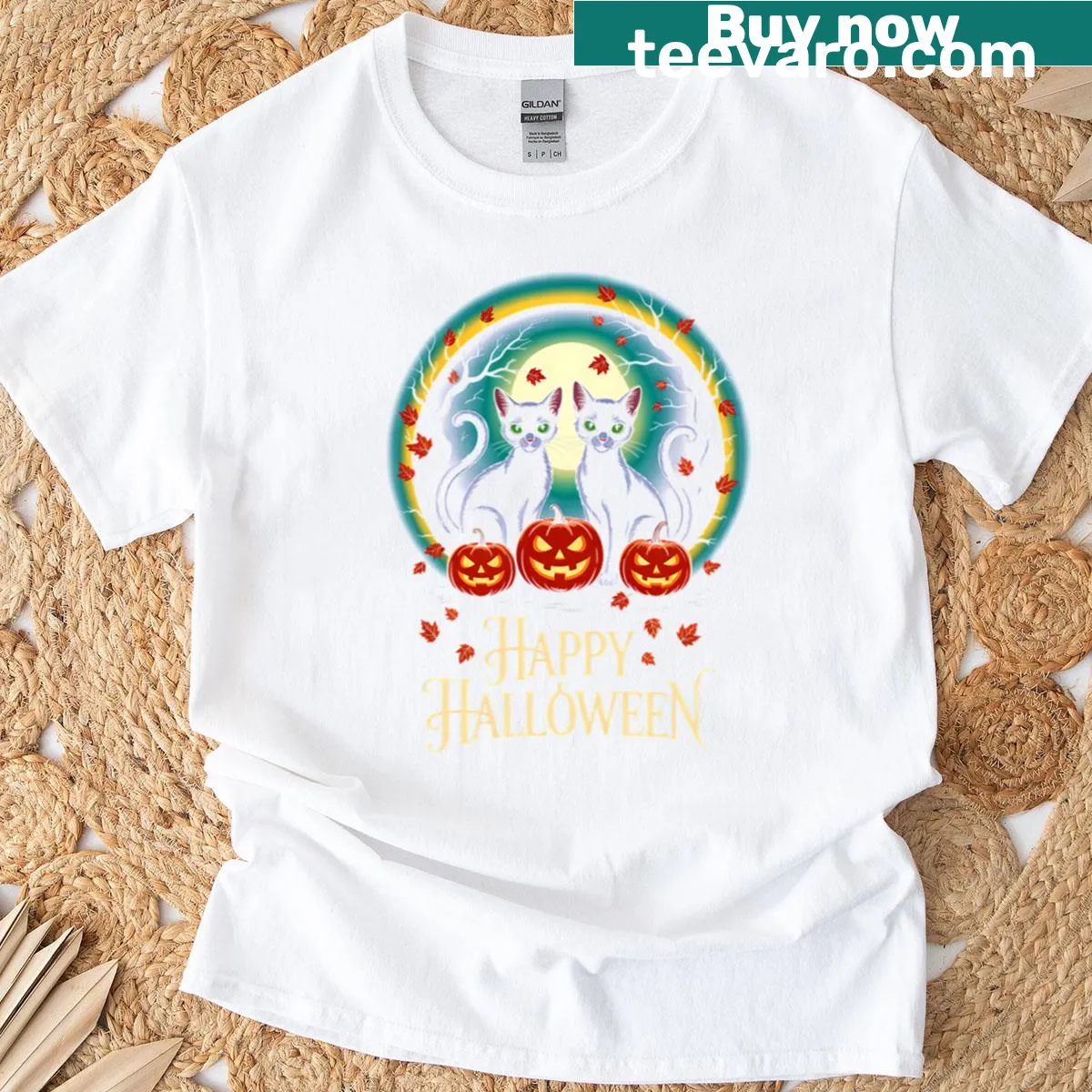 Illustration of black cats with pumpkins under a full moon for Halloween — on a men's t-shirt