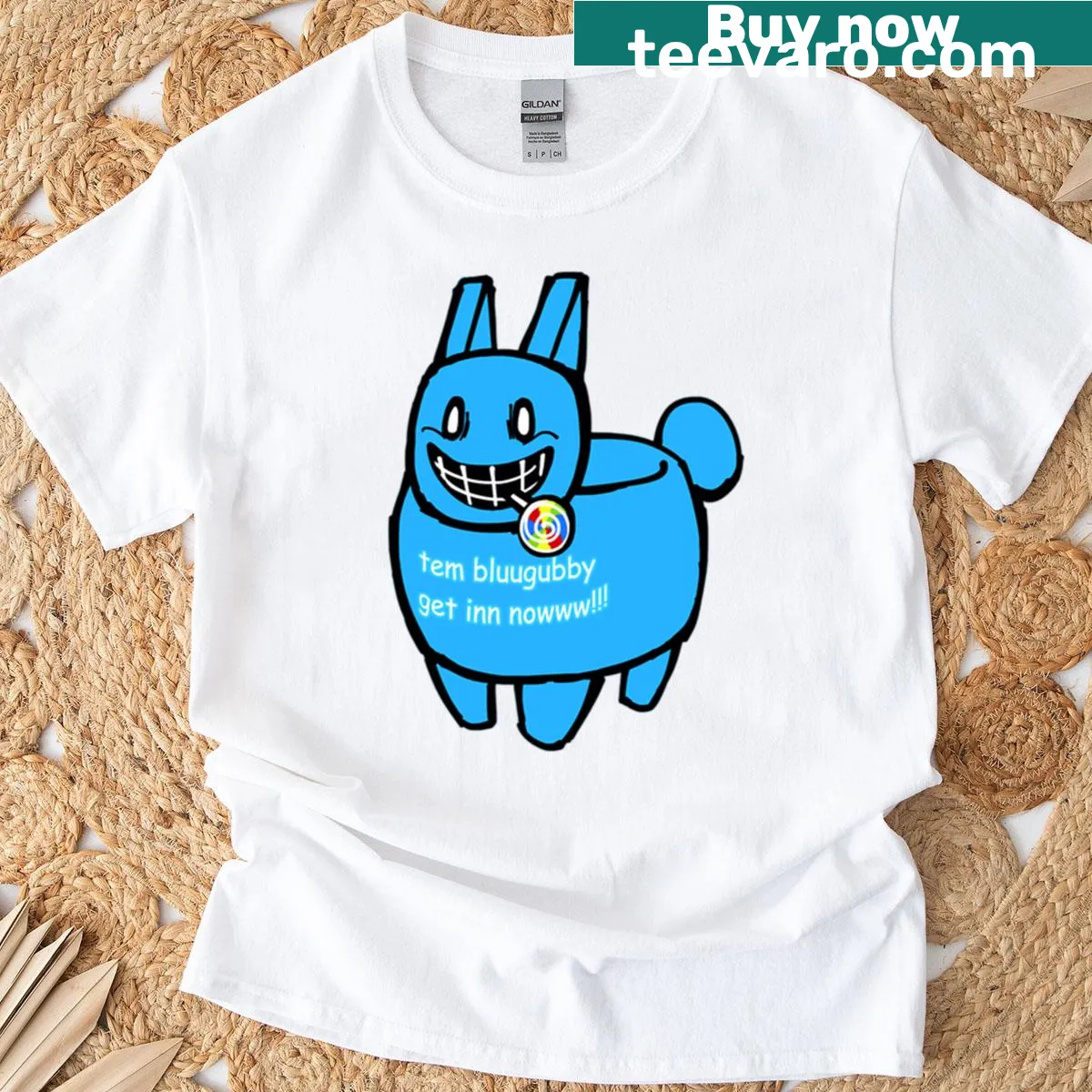 Playful T-shirt featuring the character Bluudude Gubby in cartoon style. — on a men's t-shirt