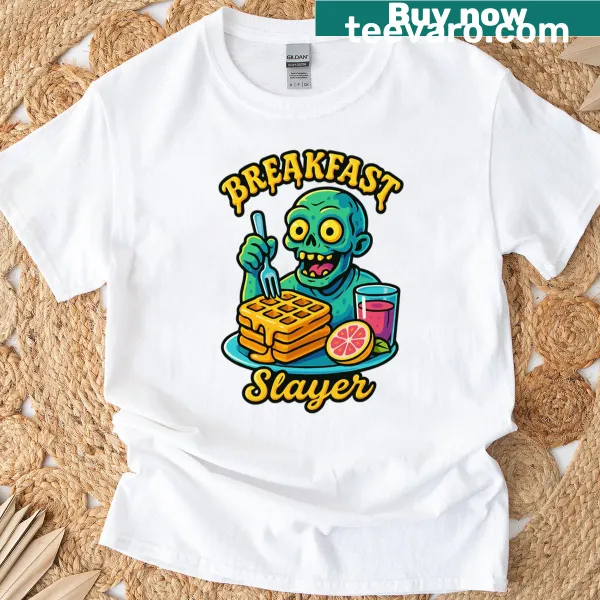 Playful typography T-shirt with 'Breakfast Slayer' phrase for breakfast lovers