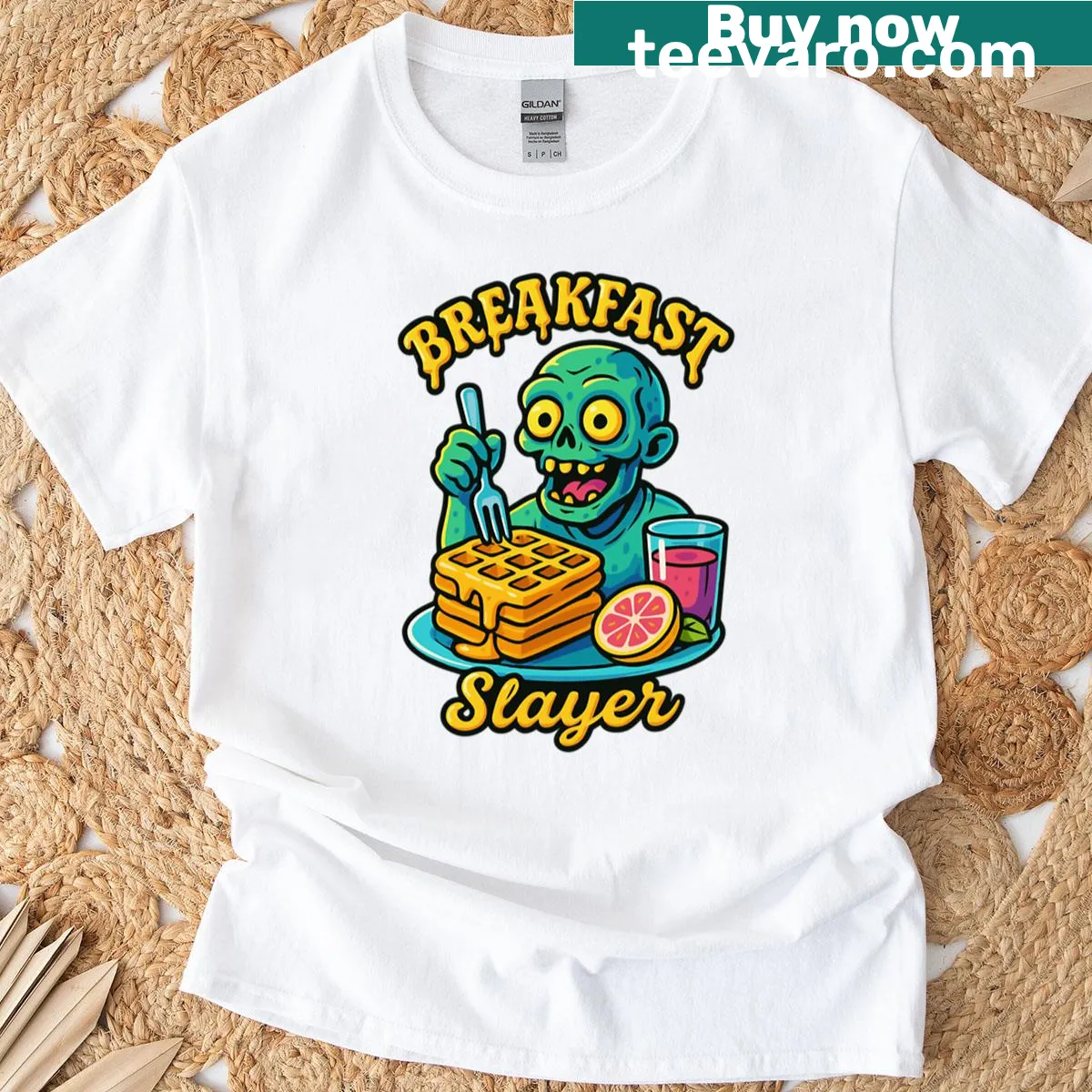 Playful typography T-shirt with 'Breakfast Slayer' phrase for breakfast lovers — on a men's t-shirt