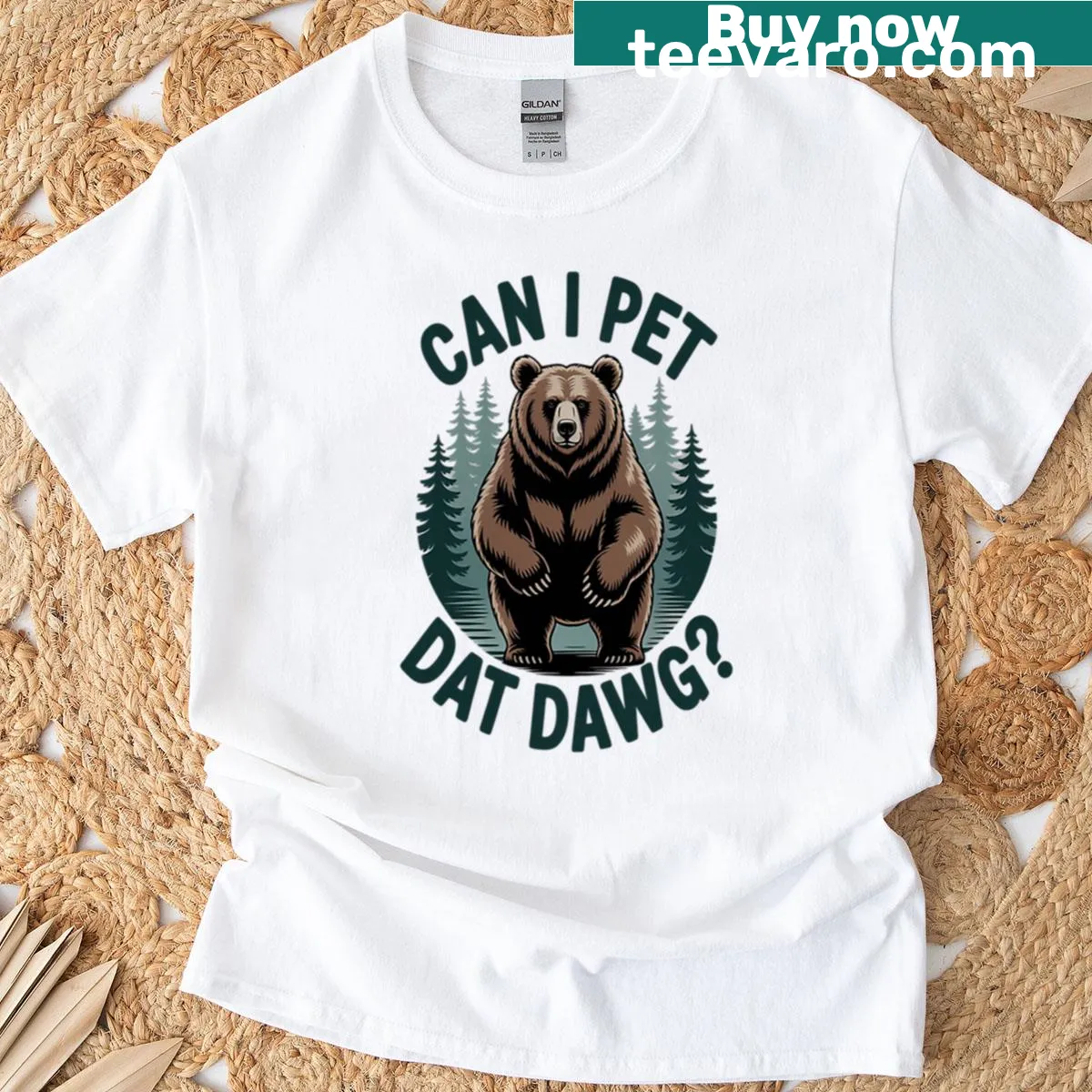 Funny outdoor t-shirt with a cartoon bear and humorous dog message — on a men's t-shirt