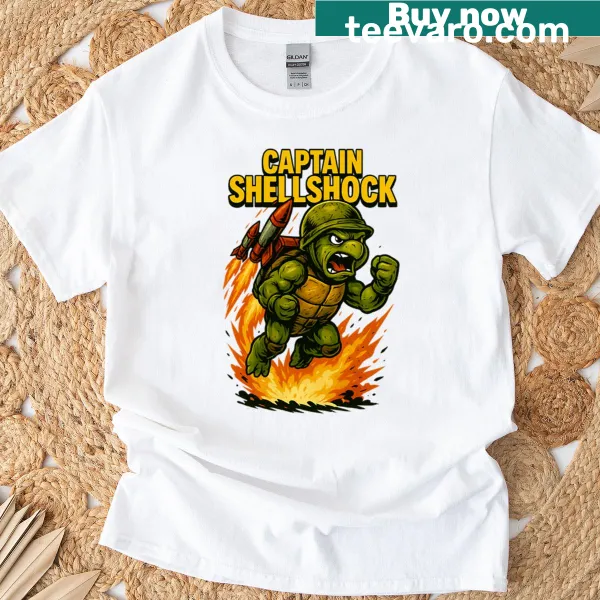 Comic-themed T-shirt featuring Captain Shellshock in a playful design