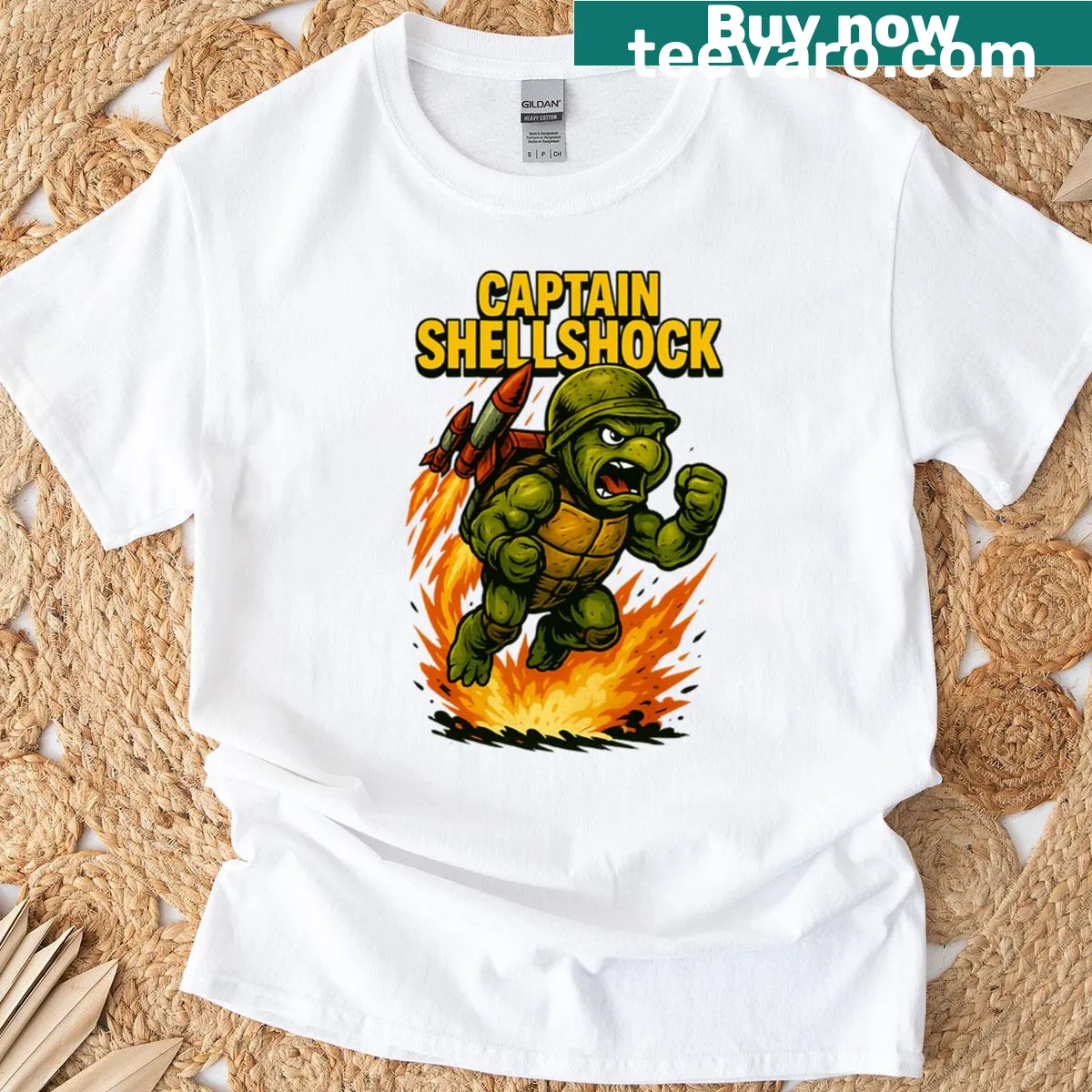 Comic-themed T-shirt featuring Captain Shellshock in a playful design — on a men's t-shirt