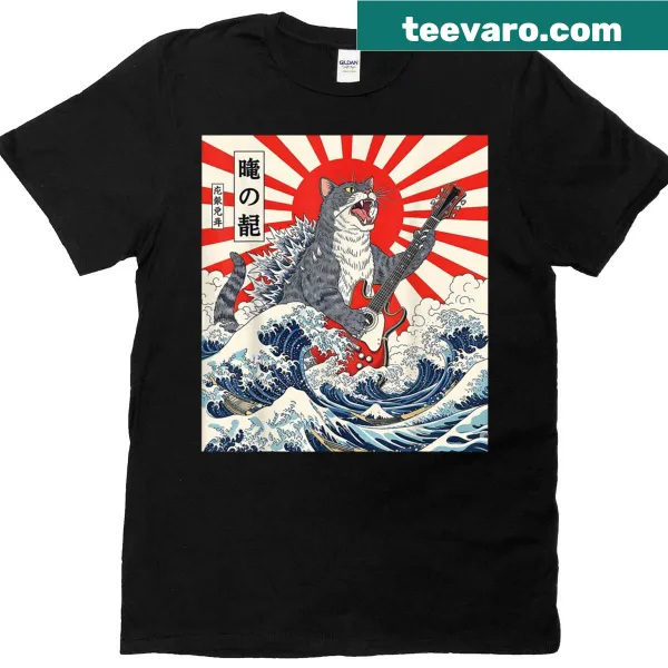Funny cat guitarist t-shirt featuring Catzilla art